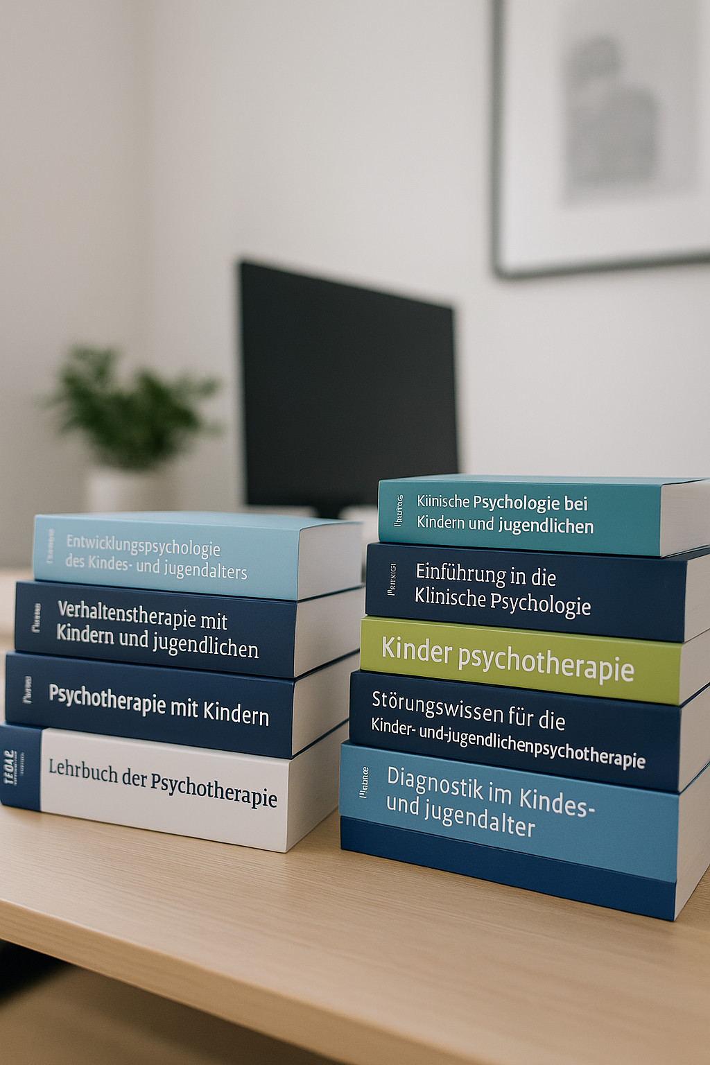 Mehrere Stapel von Büchern, die Wissen und Lehre symbolisieren.