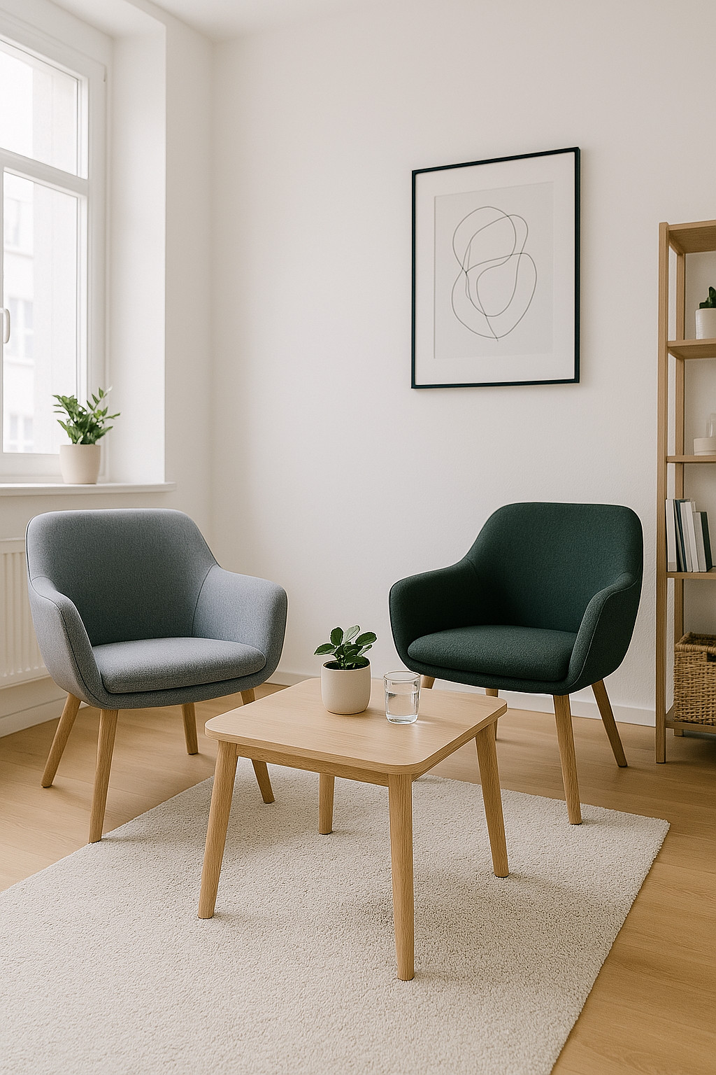 Zwei Sessel und ein Beistelltisch mit einer Lampe, die eine gemütliche Gesprächssituation andeuten.